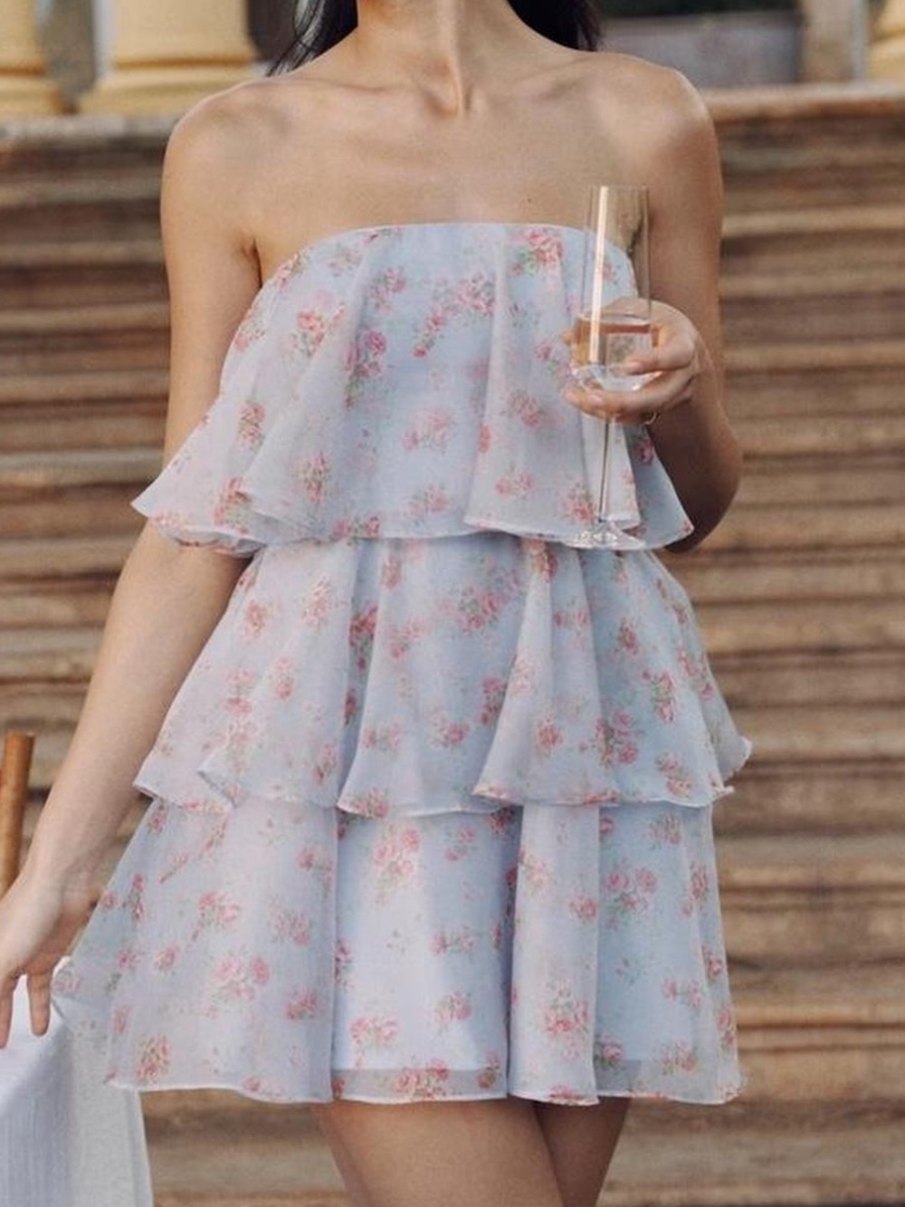 Abercrombie Strapless Tiered Floral Mini Dress in Light Blue